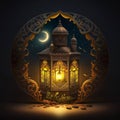 Burning lantern in a decorated circle on a dark background. Lantern as a symbol of Ramadan for Muslims